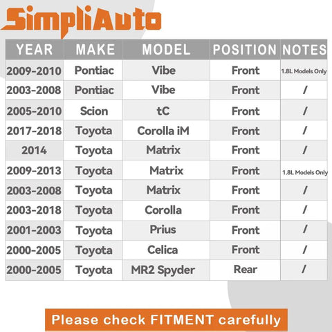 SimpliAuto vehicle fitment chart for 510070 Wheel Hub Bearing Assembly Front Or Rear Fits Toyota Celica 2000 To 2005, Corolla 2003 To 2019