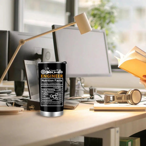 20 Oz Stainless Steel Mechanical Engineer Tumbler With Lid And Straw on an office desk, perfect for engineers.