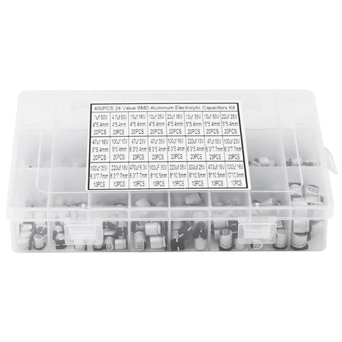 400Pcs SMD Aluminum Electrolytic Capacitor Kit With 24 Values From 1uF To 1000uF 6.3V To 50V Includes Storage Box For PCB Repairs