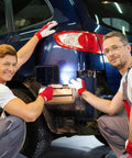 Two mechanics using Portable UV Glue Curing Lamp 365Nm 300W AC 90 240V with 15 LED beads for fast curing on a car bumper