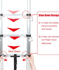 Telescopic Ladder 15.5 Ft Heavy Duty Aluminum Alloy Multi Purpose Collapsible Steps For Home RV Use Safe Slow Down Design Lightweight Portable 330 Lbs Capacity showing slow down feature