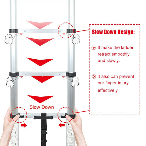 Telescopic Ladder 15.5 Ft Heavy Duty Aluminum Alloy Multi Purpose Collapsible Steps For Home RV Use Safe Slow Down Design Lightweight Portable 330 Lbs Capacity showing slow down feature