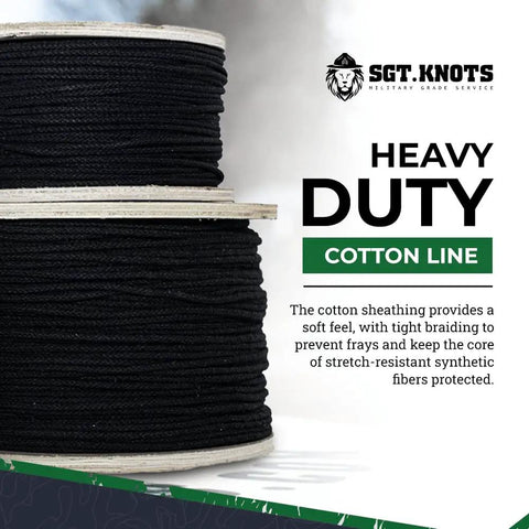 Unglazed Cotton Tie Line With Polyester Core For Theatrical Props, Decor, Cable Management, And Hunting, Weatherproof Tie Down Rope, 1/8 In X 3000 Ft, Black spools displayed
