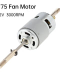 Image of RS775 DC Motor 12V 3000 RPM dual output long shaft fan motor with high torque for DIY projects.