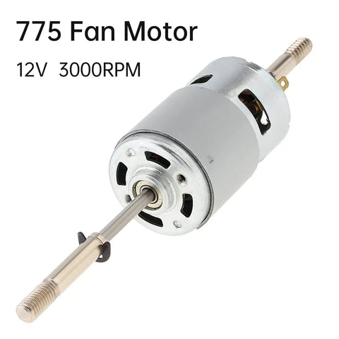 Image of RS775 DC Motor 12V 3000 RPM dual output long shaft fan motor with high torque for DIY projects.