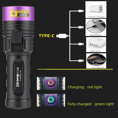 SV53 15W 365nm UV Flashlight Pro Grade USB Rechargeable Black Light with Type-C charging and battery indicators