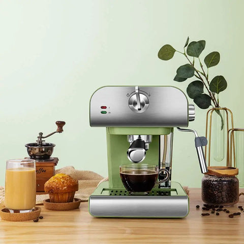 Espresso Machine With Built In Milk Frother, 20 Bar Pressure, Home Barista Level Coffee Maker, shown on a kitchen counter with coffee.