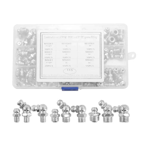 Top Notch 115 Piece Steel Zerk Grease Nipple Fittings Assortment Kit Featuring Straight And Angled M6 M8 M10 Sizes With Smart Spring Sealing for case display