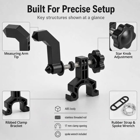 Key components of Slick Portable Bike Wheel Truing Stand, Precision Spoke Adjuster for precise setup with ABS body.