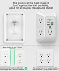 Wall Charger And Surge Protector Outlet Extender Featuring Five AC Outlets Plus Four Fast USB Ports Designed To Fit Standard Duplex Sockets, showing flush wall design and compatibility guidelines.