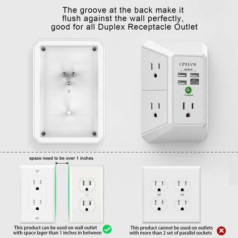Wall Charger And Surge Protector Outlet Extender Featuring Five AC Outlets Plus Four Fast USB Ports Designed To Fit Standard Duplex Sockets, showing flush wall design and compatibility guidelines.
