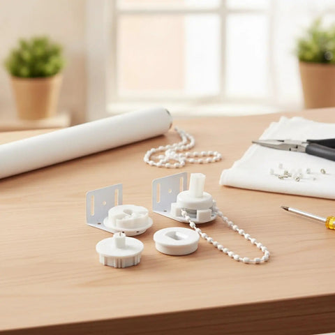 Easy DIY Roller Blind Pull Chain Repair Kit with glass beads and tools on a wooden table for replacing window shade components.
