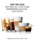 Variety of hot and iced coffee drinks in clear glass cups, showcasing Nespresso machine capabilities with milk froth.