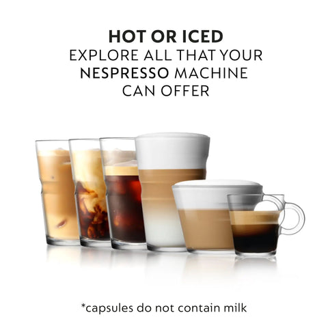 Variety of hot and iced coffee drinks in clear glass cups, showcasing Nespresso machine capabilities with milk froth.