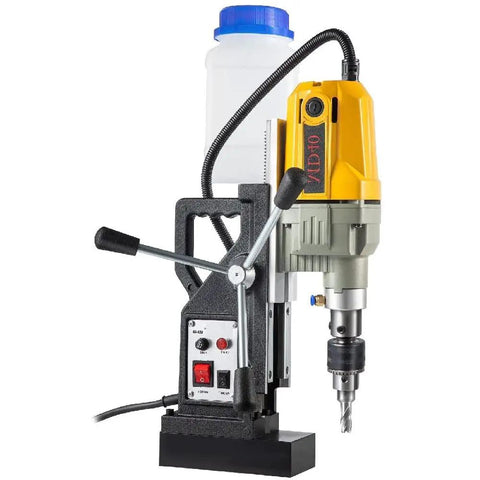 Heavy Duty Electric Magnetic Drill Press With Rock Solid Magnet Base Pro 1100 Watt Motor, features control panel and sturdy base.
