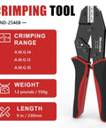 Easy No Fuss MC4 Solar Crimping Tool with Ratchet Mechanism, showing AWG 14, 12, 10 range, weight 1.2 pounds, 9-inch length
