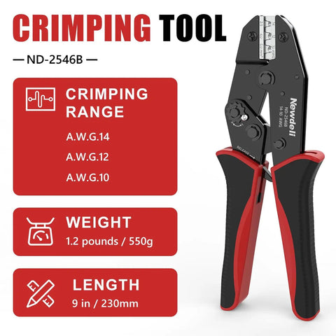 Easy No Fuss MC4 Solar Crimping Tool with Ratchet Mechanism, showing AWG 14, 12, 10 range, weight 1.2 pounds, 9-inch length