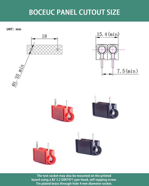 Diagram and images of red and black 4mm banana jack female test sockets for PCB, horizontal straight mount, tin plated brass.