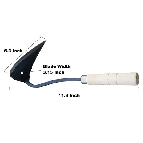 Forged Garden Hand Plow Hoe Weeder Sickle With Wooden Handle Korean Daejanggan Style Ho Mi tool dimensions labeled