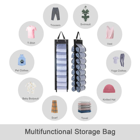 Foldable Hanging Closet Organizer With 16 Roll Compartments For Yoga Pants Leggings And Shirts Space Saving T Shirt Organizer Portable Clothes Storage Rack Durable Fabric Wardrobe Organizer In Black with clothing icons