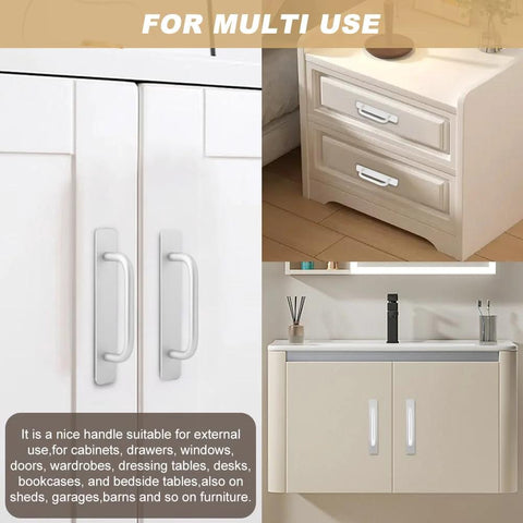 Adhesive Cabinet Handles 5.83 Inch 2 Pack No Drill Installation displayed on kitchen cabinets and bathroom vanities in matte black and silver finish.