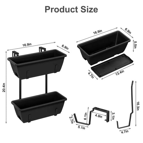 Product size diagram of Level Up Your Porch Decor With This Ace Two Tier Railing Planter Box Set Black Window Boxes dimensions.