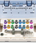 Go-To Universal Implant Torque Wrench And Ratchet Set in case, 16-piece stainless steel kit, includes various colored drivers