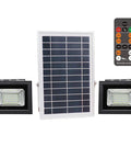 JUDYSSY Outdoor Remote Solar Flood Lights with solar panels and remote control for adjustable brightness, IP66 waterproof.
