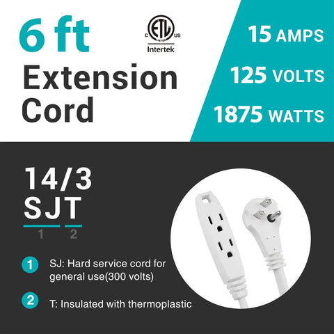 6 Ft 3-Outlet Heavy Duty Flat Plug Extension Cord 14-3 SJT White Grounded for Home Office Tools and Appliances