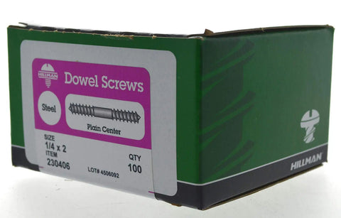 Top Shelf Zinc Plated Carbon Steel Double End Dowel Screws 1/4 By 2 Inch in a green box for concealed wood joints.