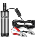 Plug And Play Mini 12V Fuel Transfer Pump With Heavy Duty Stainless Housing And Quick On Off Switch For Moving Diesel Oil Or Water Straight From Drums Or Cans, showcasing electric cables with clips.