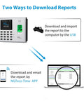 Image of Downright Slick Biometric Fingerprint Time Clock showing USB download and mobile app report features for small business teams.