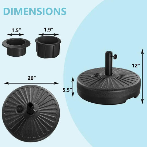 Rock Solid Heavy Duty Round Umbrella Base 85.7 Pound Water And Sand Filled Patio Stand dimensions including height and pole size