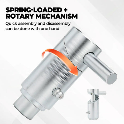 Close-up of a spring-loaded cam lock plunger pin with grease fitting, highlighting the tool-free 180 degree twist lock mechanism.