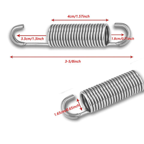 Top Shelf Stainless Steel Recliner Springs Heavy Duty Two Piece Set With Long Hook Attachment For Quick Sofa Mechanism Swap And Hella Durable Everyday Reliability. Image shows dimensions of springs.