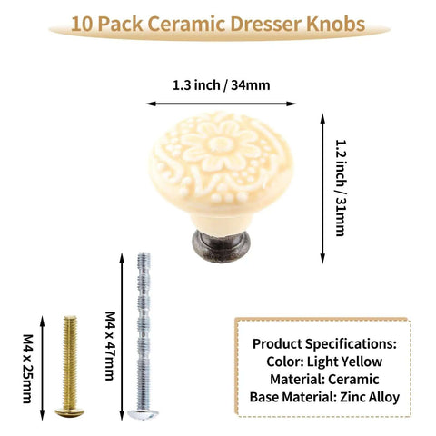 Cool Light Yellow Ceramic Drawer Knobs 10 Piece Bundle Comes With Solid Mounting Hardware showing a decorative knob 34mm in diameter.