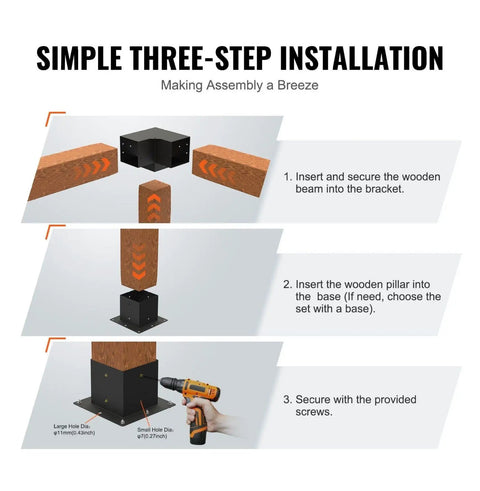 Diagram showing Heavy Duty Pergola Bracket Kit 6x6 Four Corner Brackets And 3 Way Post Base installation steps.