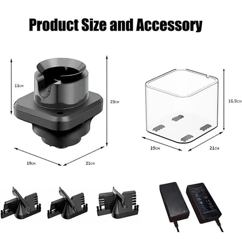 Automatic Electric Espresso Portafilter Knock Box With Touchless Sensor And No Sweat Dry Ground Cleanup For Your Home Bar Pro Or Cafe Crew Easy Machine Setup product size and accessory layout with measurements.