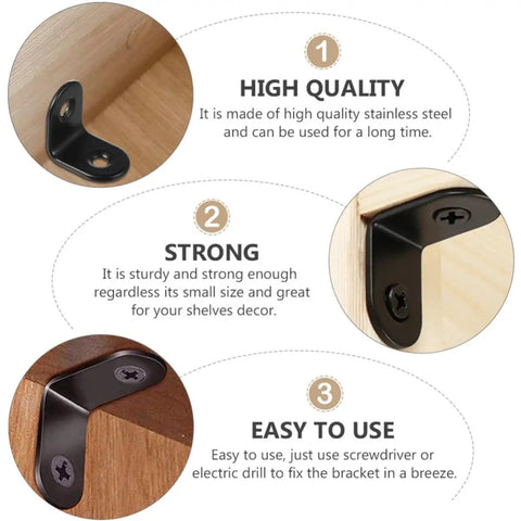 Black Stainless Steel Right Angle Corner Brackets Set With Screws 18 Piece shown in wood installation for home DIY