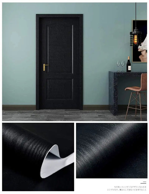 Dark Wood Peel And Stick Wallpaper For Countertops And Furniture Waterproof Vinyl Self Adhering DIY Friendly Removable Wall Covering Easy To Clean Realistic Hardwood Look For Kitchen Backsplash Cabinets And Walls 17.7 In By 118 In applied on door, close-up of texture and peel-and-stick feature