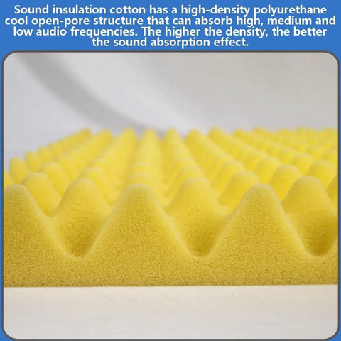 High-density polyurethane soundproofing foam, cool open-pore yellow structure for effective noise absorption, acoustic application.