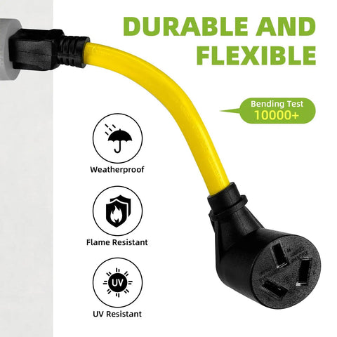 Nema 5 15P To 10 50R Electric Vehicle Charging Adapter Cord 15 Amp Max with durable yellow flexible wire and weatherproof design.