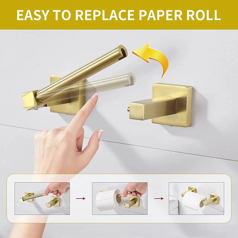 Gold Toilet Paper Holder With Double Post Pivoting Design Brushed Brass Look Wall Mount Tissue Hanger For Bathroom And Kitchen Stainless Steel Construction Keeps Rolls From Slipping And Looks Slick showcasing pivot action