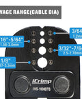 Close-up of Bench Mounted Swaging Tool showing swage range for crimping aluminum wire rope sleeves 3/64 in to 1/8 in sizes.