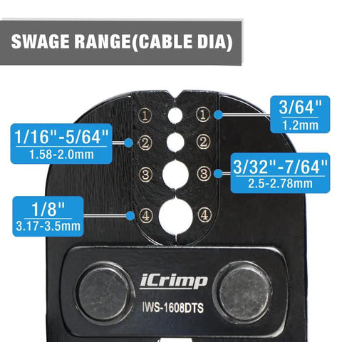 Close-up of Bench Mounted Swaging Tool showing swage range for crimping aluminum wire rope sleeves 3/64 in to 1/8 in sizes.