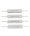 Front view of four 10W ceramic cement resistors marked 0.33Ω, 0.47Ω, 0.56Ω, 0.51Ω ±5%