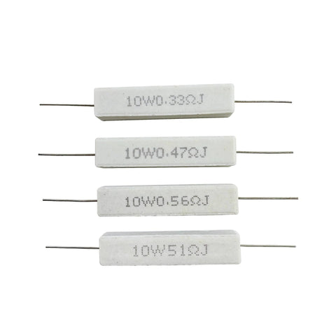 Front view of four 10W ceramic cement resistors marked 0.33Ω, 0.47Ω, 0.56Ω, 0.51Ω ±5%