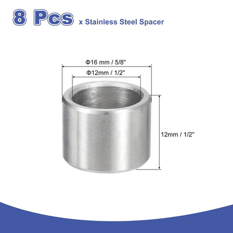 8 pcs stainless steel spacers, 12mm ID x 16mm OD x 12mm long, unthreaded round standoff