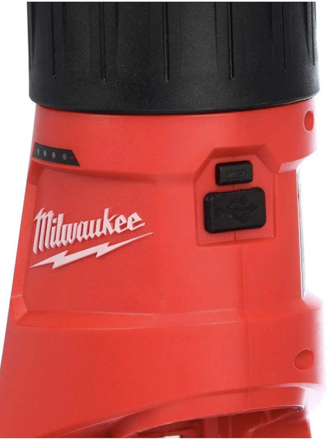 Close-up of Rechargeable 12V LED Area Light With 1000 LM TrueView HD Lighting 180 To 360 Degree Adjustable Beam button and logo.