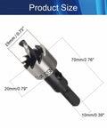 Durable 3/4 Inch HSS Hole Saw Set For Drilling Stainless Steel Aluminum Thin Iron Plastic And Wood, 2 Piece Triangular Shank Cutter Kit For Quick Clean Cuts By Hegebeck, with size measurements.